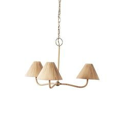 three light chandelier with beige shades on the top and bottom, hanging from a chain