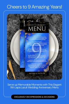 the anniversary menu for an event is displayed on a blue background with white plates and silverware