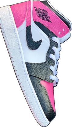 Pink High-top Custom Sneakers For Streetwear, Sporty Pink High-top Custom Sneakers, Sporty Custom Pink High-top Sneakers, Custom Pink High-top Sporty Sneakers, Pink Mid-top Custom Sneakers For Streetwear, Pink High-top Custom Sneakers For Sports, Cute Jordans, Fire Shoes, Pink Jordans