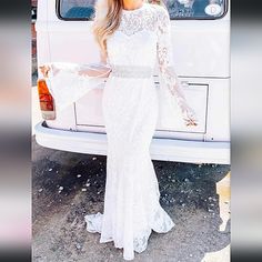 White Lace Gown With Bell Sleeves. Absolutely Stunning. Would Keep Myself If I Could Fit In It And Wasn't Already Married Belt Not Included. Nwt Southern Style Outfits, White Lace Gown, Wedding Gown Dress, Denim Chambray Dress, Silk Cocktail Dress, Burgundy Bridesmaid Dresses, Rhinestone Belt, Wedding Dresses For Sale, Sequin Party Dress