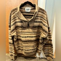 Gorgeous Quality, Uk Made, 100% Wool, Chunky Sweater In Neutral Shades. Late 80s - Early 90s 26" Armpit To Armpit 22” Arm Length 30" Long At Centre Back Zipper Front So Collar Adjust For Wearer Appears Unworn. Hand Wash See Pictures I Tried It On I’m A Large Men’s Top And This Is Roomy For A Layer Of Clothing Underneath Even For An Xl Size Man It’s A Really Nice Sweater Willing To Consider Offers Cozy Brown Sweater For Outdoor, Cozy Brown Outdoor Sweater, Cozy Brown Sweater, Late 80s, Neutral Shades, Large Man, Early 90s, Chunky Sweater, Cool Sweaters