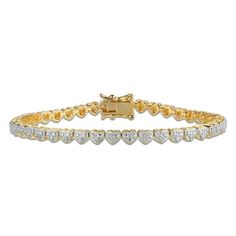 Show your romantic side with this cute diamond heart bracelet. Created in sterling silver with 18K gold plate, this tennis-style look features heart-shaped links glistening with beaded details. Diamonds dot the design with sparkle. Radiant with 1/10 ct. t.w. of diamonds and a brilliant buffed luster, this 7.25-inch bracelet secures with a box clasp. Tennis Style, Box Clasp, Diamond Bracelets, Heart Bracelet, Gold Plated Silver, Tennis Bracelet, Diamond Heart, Sterling Silver Bracelets, Rose Gold Plates