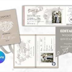 an image of wedding stationery with the words passport on it and two different photos