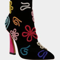 Show Off Your Unique Style With The Sylvia Heeled Booties. Featuring A Vibrant Pink Heel And Whimsical Rhinestone-Shaped Accents, These Booties Will Be Sure To Make Your Everyday Outfit Stand Out! Synthetic Microsuede Upper Material With Rhinestone Embellishments, 4 Inch Heel Height, And Shaft Height 4.25", Calf Circumference 10.5". Color- Black Multi! Reasonable Offer Accepted! Brand New!! Boots Elegant, Pointed Toe Ankle Boots, Embellished Heels, Velvet Boots, Betsey Johnson Shoes, Spool Heel, Shoe Design, Black Heel Boots, Rhinestone Embellishments