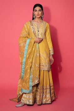 Shop for Simar Dugal Yellow Chanderi Silk Kurta Sharara Set for Women Online at Aza Fashions Placement Embroidery, Kurta Sharara Set, Kurta Sharara, Yellow Silk, Sharara Set, Organza Dupatta, Embroidered Neckline, Yellow Print, Indian Fashion Dresses