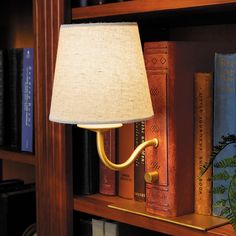 a lamp on a book shelf next to books