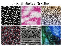 six different patterns with the words silk and clutch textiles written in black, white, pink, blue