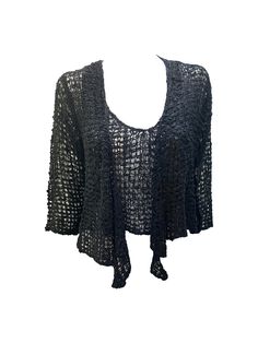 Material: Acrylic, Polyamide Colour: BLACK SIZE OF VEST  Free Size: 8- 18 Bust: 44'' Length: 18'' SIZE OF SHRUG  Free Size Fits up to 18 Bust: 44'''' Approx Sleeve Length: 17'' Approx Length: 21'' Approx Add a touch of boho chic to your outfit with this stunning women's mesh crochet shrug vest top. The free size design makes it suitable for sizes 8-18, and the wrap style and long sleeves add an elegant touch. The black colour and crochet fabric type give it a festival-ready feel, perfect for any Fitted Crochet Top For Fall Party, Casual Black Cardigan For Party, Black Fitted Cardigan For Spring, Fitted Open Knit Crochet Top For Party, Fitted Black Cardigan For Evening, Black Crochet Top For Spring Party, Black Fitted Crochet Top For Fall, Black Spring Party Cardigan, Spring Party Black Cardigan