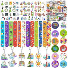 a bunch of different colored items on a white background, including key chains and magnets