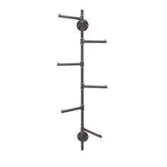 a metal rack with four hooks and three bars on it's sides, against a white background