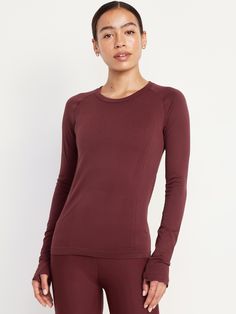 crew neck raglan sleeves thumbhole cuffs go-dry wicks moisture fitted hits high on hip models are approx.  5'9" and wear sizes s (4), l (12), and xl (18)machine wash according to the care instruction label  . Best Holiday gift for Women , perfect Tops for Christmas! Seamless Top, Old Navy Women, Big And Tall, Active Wear Tops, Petite Size, Wicks, Raglan Sleeve, Toddler Boys, Old Navy