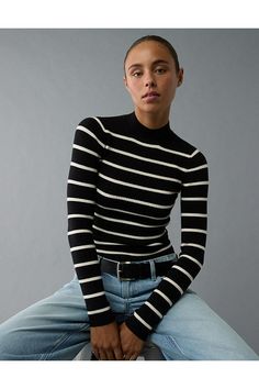 Ribbed sweater knit/Mock neck/Stripes Mos Def, Mock Neck Sweater, Sweater Knit, Ribbed Sweater, Women's Jeans, Travel Outfit, Mock Neck, Neck Sweater, Sweater Top