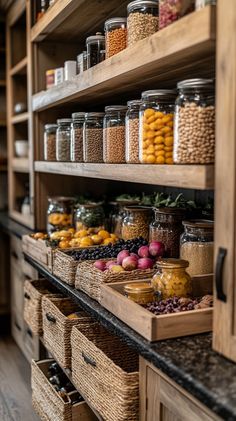 the shelves are filled with many different types of food in glass jars and wooden bins