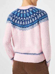 Woman sweaterNordic jacquard pattern on pink backgroundVerbier embroidery on the frontCrewneckRegular fitComposition: 20% Alpaca - 35% Polyamide - 45% Acrylic Pink Crew Neck Sweater With Fair Isle Pattern, Pink Fair Isle Sweater For Winter, Pink Fair Isle Pattern Sweater, Spring Pink Jacquard Knit Top, Pink Fair Isle Winter Sweater, Pink Fair Isle Crew Neck Sweater, Designer Jacquard Knit Winter Sweater, Luxury Jacquard Knit Crew Neck Sweater, Wool Long Sleeve Jacquard Knit Sweater