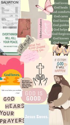 a collage of images with words and pictures on them, including jesus's prayer