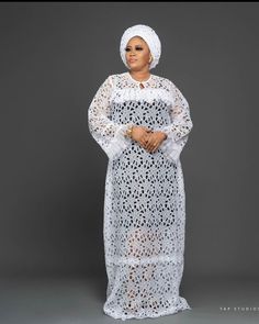 Boubou gown White Gown With Scalloped Lace, Long Lace Gown With Lace Trim, White Long Gown With Lace Trim, White Lace Gown With Lace Sleeves, White Long Lace Gown, White Crochet Lace Dresses, Elegant White Crochet Maxi Dress, Elegant White Maxi Crochet Dress, White Maxi Length Dress With Lace Work