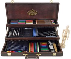 a wooden box filled with lots of different colored pencils