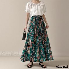 Olivia Mark - Cashew Flower Pleated Midi Skirt with Floral Patterns and Textured Folds Casual Green Floral Print Skirt, Casual Printed Maxi Skirt For Summer, Green Flared Maxi Skirt With Floral Print, Green Flared Skirt With Floral Print, Floral Print Tiered Pleated Skirt For Summer, Printed Green Skirt For Vacation, Green Printed Skirt For Vacation, Green Printed Summer Skirt, Casual Floral Print Pleated Flared Skirt