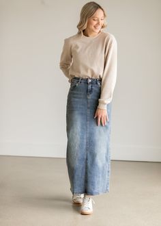 Kyra Long Denim Skirt – Inherit Co. Long Denim Skirt Outfit, Long Jeans Skirt, Modest Denim Skirts, New Hijab, Maxi Denim Skirt, Cross Belt, Layering Cami, Denim Skirt Fashion, Jean Skirt Outfits