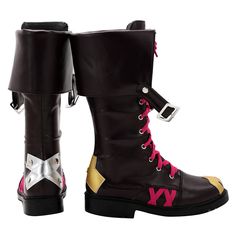 a pair of black boots with pink and silver accents