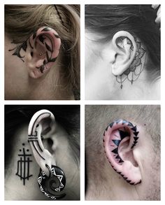 four pictures of different types of piercings on the side of their ears and neck