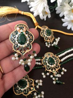 This beautiful set speaks for itself. Get your hands on this Hyderabadi champagne and emerald meena kari stones necklace /choker,earrings,mang tikka set. Set includes : necklace, earrings,tikka, In stock and ready to ship. Hand crafted and gold plated kundan indian/pakistani jewelry Material:brass,stone,gemstone,pearl We bring you casual as well as party wear jewelry which comes with an attractive design and style. It goes well modern and traditional outfits. Visit my website for more collection Kundan Bridal Sets For Eid Gift, Traditional Jewelry Sets With Intricate Design For Party, Eid Gift Kundan Bridal Sets, Bollywood Style Intricate Jewelry Sets For Party, Bollywood Bridal Sets With Stone Work For Gifts, Eid Stone Work Sets As Gift, Traditional Party Jewelry Sets With Intricate Design, Eid Gift Sets With Stone Work, Green Jewelry Sets For Wedding And Eid