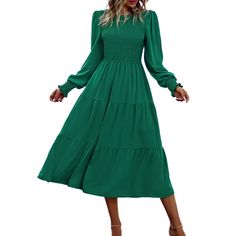 Green Crew Neck Smocked Swing Midi Dress Green Crew Neck, Women Long Sleeve Dress, Green Midi Dress, Midi Dresses, Polished Look, Women Dresses, Ruffle Dress, Dress Making, Sleeve Dress