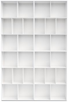 a white book shelf with several shelves on each side