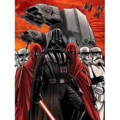 a star wars poster with darth vader and other characters in the back ground