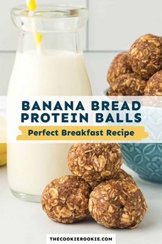 banana bread protein balls are stacked on top of each other next to a glass of milk