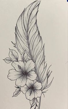 a black and white drawing of a flower with a feather on it's tip