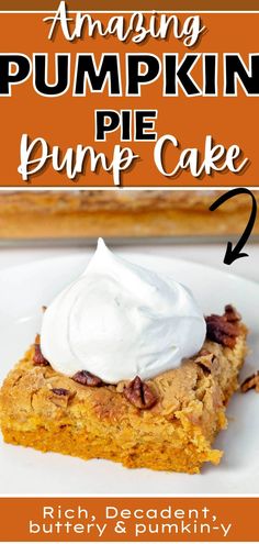 pumpkin pie with whipped cream on top and text overlay reading amazing pumpkin pie pump cake