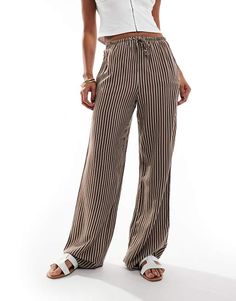 Bershka drawstring waist wide leg pants in brown pinstripe | ASOS Low Waisted Striped Pants, Brown Pinstripe, Winter Party Dress, Long Sleeve Floral Dress, Sweaters And Leggings, Satin Slip Dress, Maxi Dress Trend, Skirt Leggings, Petite Maternity