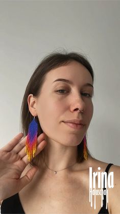 Earrings / Beaded earrings / Blue tassel earrings / Orange gradient earrings / Yellow dangle earrings / Vibrant pink chandelier earrings Colorful Beaded Long Drop Tassel Earrings As Gift, Colorful Beaded Tassel Drop Earrings As Gift, Long Drop Colorful Beaded Earrings, Pink Chandelier Earrings, Blue Tassel Earrings, Pink Chandelier, Blue Beaded Earrings, Orange Gradient, Gold Chevron