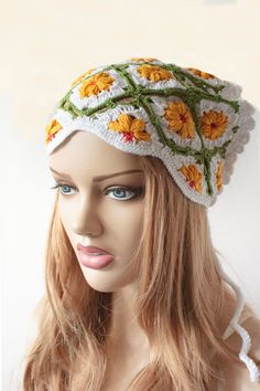 "Ready to Ship!  ♥ Spring bandana, Floral Daisy  Headband, Crochet Bandana, Retro Summer Accessory Hair Kerchief Valentine's Day Mother's Day Gift for Her Colorful Headband,  Crocheted, for Spring Headband, Summer and fall  ●Triangular shape Crocheted with acrylic yarn (mix of white, yellow, red, green colors yarn) daisy floral pattern ●  Measurements; ● Length: approx. 16\" ● Width: approx. 11\" ●Wash warm  READY TO SHIP \"\"\" S H I P P I N G * & * P O L I C I E S \"\"\" I ship via National Po Bohemian White Headband, Yellow Adjustable Headband Headscarf, Adjustable Yellow Headscarf In Headband Shape, Adjustable Yellow Headscarf Headband, Handmade Adjustable Headwrap For Festivals, Beach Headband Hair Accessories, White Headwrap For Beach In Spring, White Bohemian Headband For Spring, Bohemian White Headband For Spring