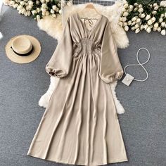 Cute v neck long sleeve dress fashion dressFabric: blendedColor: black, khaki, orange, greenSize(cm): free sizelength 140 bust 100 waist 50-80 V Neck Long Sleeve Dress, Ruffle Long Dress, Cute V, V Neck Midi Dress, Slim Dresses, Girls Fashion Clothes, Long Sleeve Midi Dress, Elegant Dress, Dress Fashion