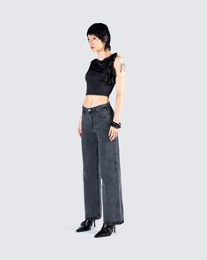 A casual, yet classy all black fit…name something better 🖤 With a black jersey cropped top, and grey denim wide leg jeans - this two-piece set will immediately make it known that your one chic b*tch 💅 Black Cropped Bottoms For Evening, Casual Evening Crop Top, Black Cropped Denim Bottoms, Edgy Cropped Top For Evening, Edgy Cropped Evening Crop Top, Edgy Evening Crop Top, Chic Denim Crop Top For Night Out, Chic Washed Black Jeans For Streetwear, Black Cropped Streetwear Bottoms