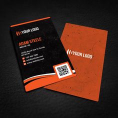 an orange and black business card with qr code for your logo on the front