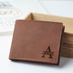 This wallet is engraved with the initial(s) or name on the front side and personalized with any custom message/name/date on the inside, making a perfect gift that will be cherished for years to come. This wallet is made from high-quality pull-up GENUINE leather. This  leather will develop a vintage looking-used look with time (also known as leather patina). It will adopt color variations and scratches over time - this is characteristic of pull-up GENUINE leather and not product defects ITEM INFO Husband Birthday Gift, Initial S, Engraved Wallet, Leather Billfold, Christmas Gifts For Him, Husband Birthday, Wallet Gifts, Money Clip Wallet, Pull Up