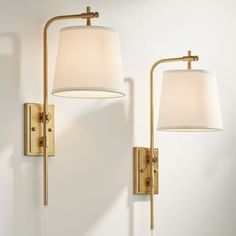 A tempting warm gold finish and adjustable features transform this set of two modern plug-in wall lamps from the Seline collection by Barnes and Ivy. Slender silhouetting complements a tasteful aesthetic for each lamp with shades that shift left to right to a maximum of 45 degrees. Height adjustability further customizes lighting delivery, making this light set a perfect solution for tasks and reading. Dimming functions create mood lighting. Size: 25 x 9 x 12. Reading Living Room, Modern Wall Lamps, Gold Sconces, Plug In Wall Lamp, Modern Wall Lamp, Wall Lamps Bedroom, Wall Sconces Bedroom, Sconces Bedroom, Lamp Set