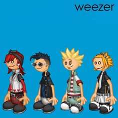 three cartoon characters sitting next to each other in front of a blue background with the words weezer on it