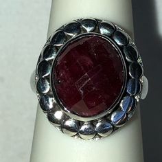 Ratnaraj Ruby Checkerboard Faceted Top Gemstone (8.79 Cts) In Sterling Silver Ring *Could Also Be Worn As A Pinkie Ring Elegant Faceted Ruby Gemstones, Oval Faceted Ruby Jewelry, Faceted Oval Ruby Jewelry, Silver Ruby Jewelry With Stones, Oval Ruby Jewelry With Faceted Detail, Elegant Silver Ruby Ring With Gemstone Accents, Round Ruby Ring With Gemstone Accents, Ruby Ring With Diamond Accents, Red Oval Jewelry With Gemstone Accents