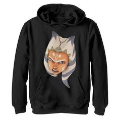 a black hoodie with an image of a woman's face on it