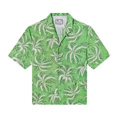 Front-facing product image of 'Palm Fronds (Green)' made of 100% Tencel that showcases its repeated Palm Frond patter, a unique, curved camp collar with no notch that lays flat, and V-slits on cuffs and lower patch pockets, all shot on a white background. Green Hawaiian Shirt With All Over Print For Summer, Summer Printed Green Camp Shirt, Summer Green Printed Camp Shirt, Green Printed Summer Camp Shirt, Printed Green Camp Shirt For Beach Season, Green Printed Camp Shirt For Beach Season, Green Cotton Camp Shirt For Beach Season, Green Relaxed Fit Camp Shirt For Beach Season, Green Printed Hawaiian Shirt For Beach Season