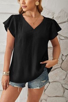 Features: Ruffled Sheer: Opaque Stretch: No stretch Material composition: 100% polyester Care instructions: Machine wash cold. Tumble dry low. Imported Product measurements:S:Top Length 26.77 in, Bust 37.80 in, Sleeve Length 5.20 inM:Top Length 27.56 in, Bust 39.76 in, Sleeve Length 5.31 inL:Top Length 28.35 in, Bust 41.73 in, Sleeve Length 5.43 inXL:Top Length 29.13 in, Bust 44.88 in, Sleeve Length 5.55 in About Us: Welcome to Lizzie's! We hope you find unique pieces you'll love for years! We'v Relaxed Fit V-neck Top With Ruffles, Solid Color Stretch V-neck Short Sleeve Top, Solid Casual T-shirt With Flutter Sleeves, Trendy Black Flutter Sleeve Tops, Casual Black Top With Flutter Sleeves, Casual Black Top With Butterfly Sleeves, Flutter Sleeve Top, Flutter Sleeve, Unique Pieces