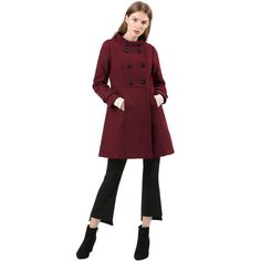 Take on chilly winter with this stylish midi-length coat with its chic stand collar design and double-breasted details. It is finished with a stand collar and slant pockets. Keep cozy and chic all at once with this coat. A chic cut for a simple and sophisticated coat that saves a bit of flare for the soft, warm fabric. Pull it on over your favorite work or dressy nighttime looks for a stunning, polished ensemble. Burgundy Clothing, Winter Coat Short, Trendy Coat, Long Overcoat, Winter Outwear, Long Winter Coats, Wool Trench Coat, Double Breasted Trench Coat, Classic Coats