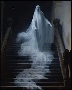 the ghost is walking down the stairs with her long white veil on it's head