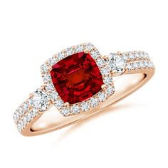 a red diamond ring with white diamonds around it