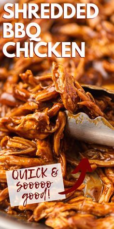 shredded bbq chicken is in a bowl with a sign that says, shredded bbq chicken