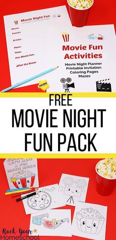 the movie night fun pack includes popcorn, movies and other activities to help kids learn how to